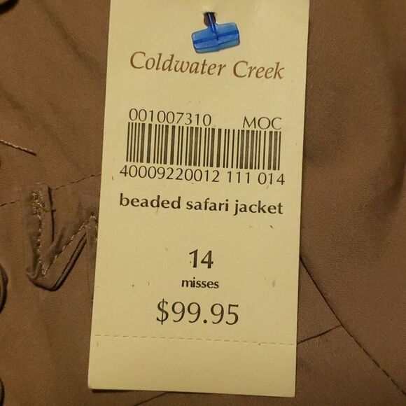 Coldwater Creek Beaded Safari Jacket Size 14 Light Open Front Tan Cotton NWT - Picture 10 of 12